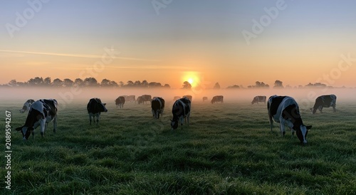 Cows graze peacefully in a misty field at sunrise