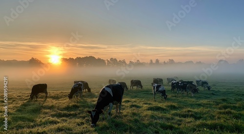 Peaceful cows graze in a misty field at sunrise, soft light
