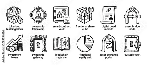 Set of hand-drawn blockchain icons representing asset tokenization, smart contracts, digital ownership, and fractional shares in a simple black and white doodle style illustration