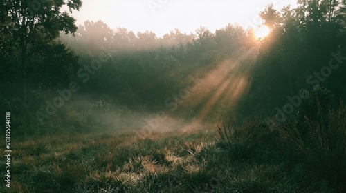 Sunbeams pierce through morning mist over dew-covered meadow and forest