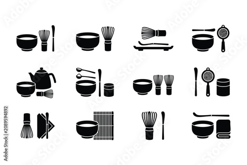 Japanese Tea Ceremony Utensils Set Icons.