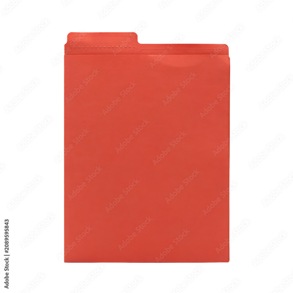 Fototapeta premium A single red paper file folder with a tab, standing upright on a white background, used for organizing documents in an office environment
