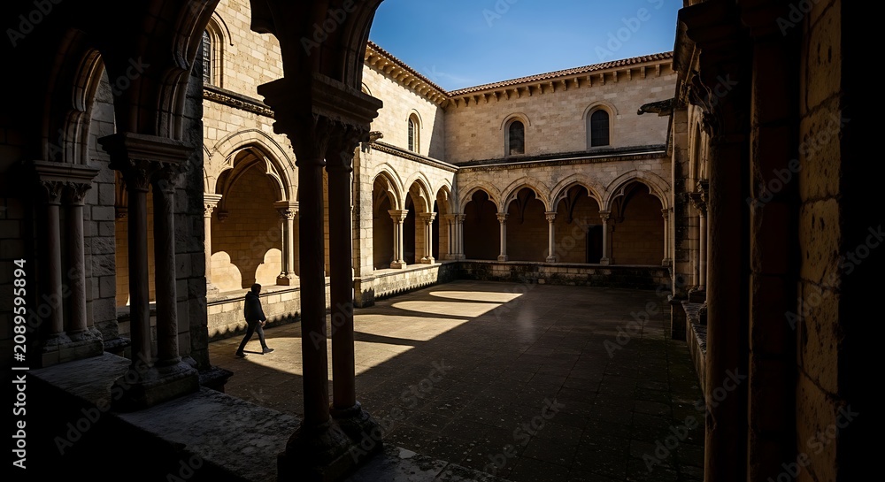 Fototapeta premium Historic Stone Cloister Courtyard with Arched Walkways in Sunlight