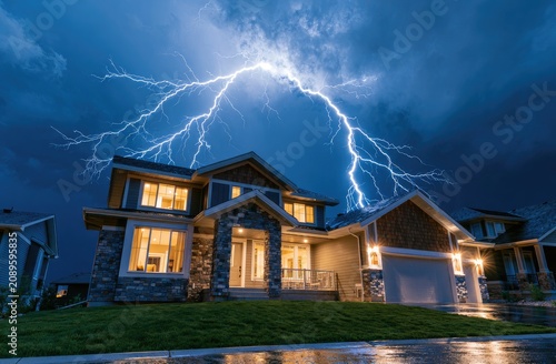 Dramatic lightning strike illuminates a modern home during a severe storm