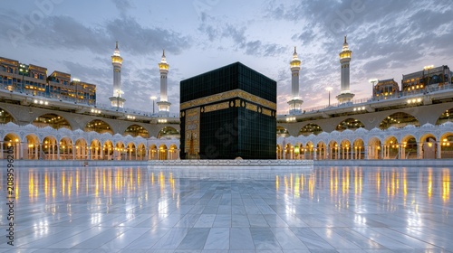 Sacred cube structure illuminated at dusk surrounded by white colonnades