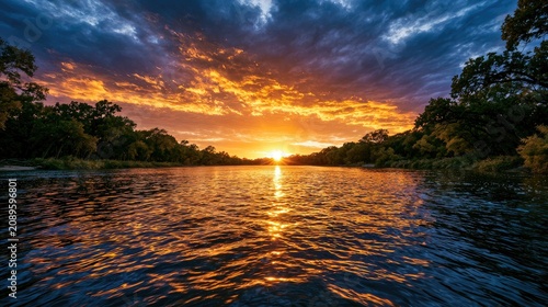 Fiery sunset over tranquil river, trees framing vibrant sky reflecting on water