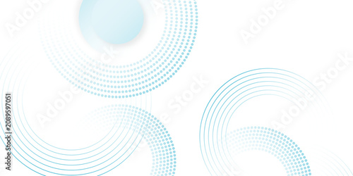 Abstract white background with blue circle rings. Digital future technology concept. Abstract white blue Dots and lines in circles over white background. Spiral sound wave rhythm line and dots dynamic