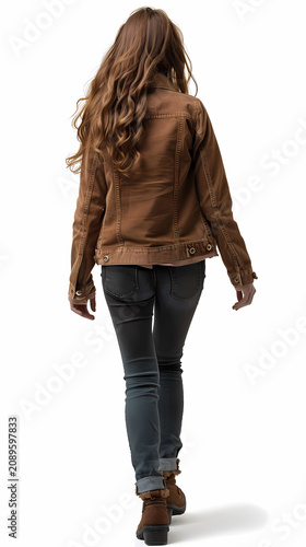 Photorealistic isolated cutout image of a young woman with long flowing brown hair walking alone, viewed from behind.