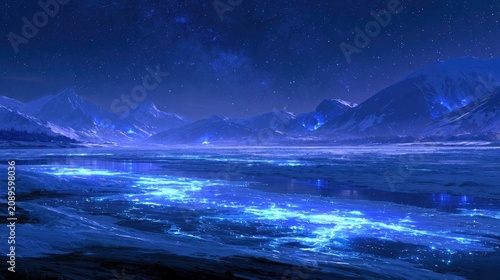 Illuminated icy landscape under a starry night sky, with glowing blue lights