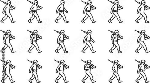 Soldier marching animation frames with rifle on shoulder.