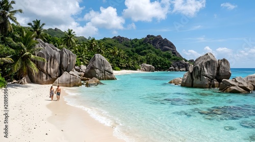 Secluded beach in Seychelles with giant granite rocks and turquoise water, tropical paradise photography