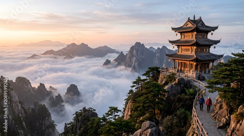 Chinese mountain landscape with traditional pagoda overlooking mist-covered valleys, serene travel photography