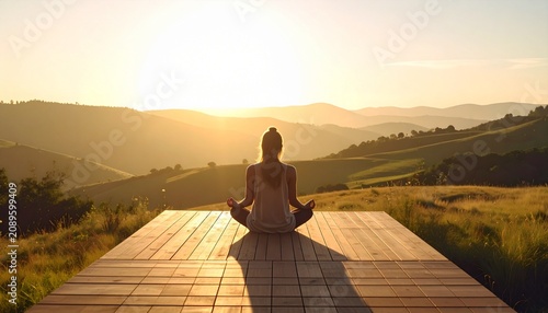 Woman meditating on a modern wooden platform overlooking rolling hills at sunrise and backlit by warm sunlight, luxury wellness lifestyle advertisement