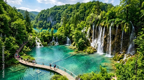 Waterfalls of Plitvice Lakes National Park, Croatia, turquoise waters surrounded by lush forest, natural paradise