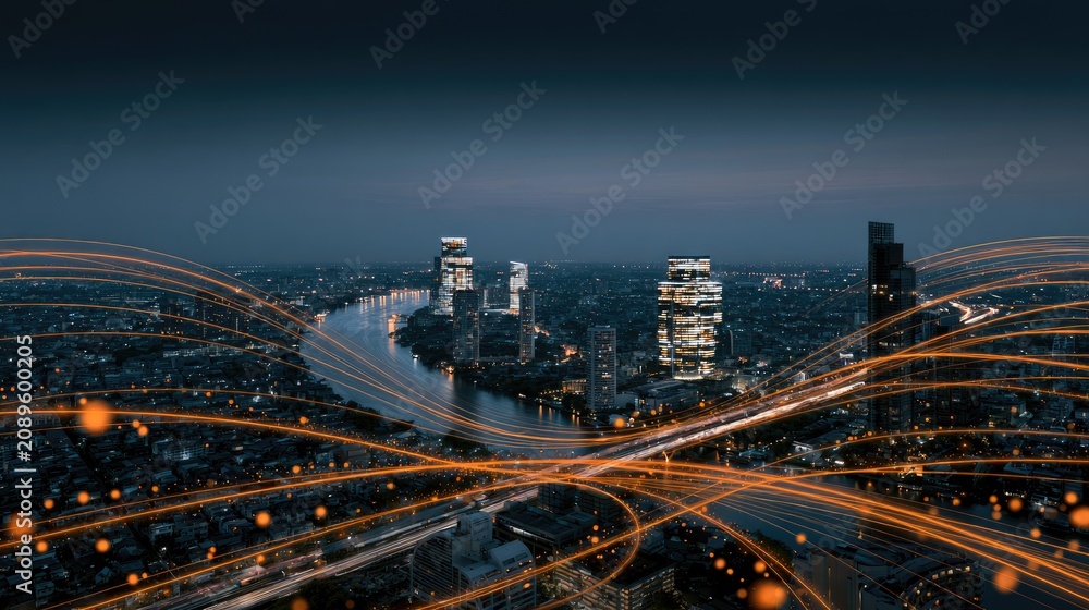 Obraz premium Glowing orange lines weave through a nocturnal cityscape with illuminated skyscrapers