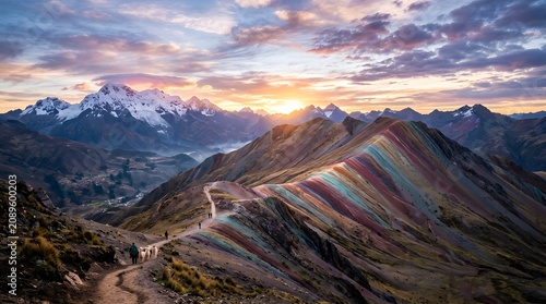 Colorful mountain range in Peru at sunrise, dramatic geological formations, breathtaking travel landscape