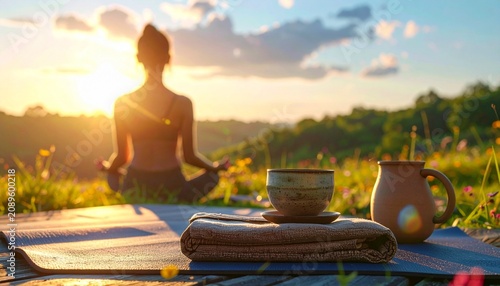 Minimalist outdoor meditation setup featuring a yoga mat, folded towel, ceramic tea cup and a woman meditating shown only from the back with sunrise backlighting