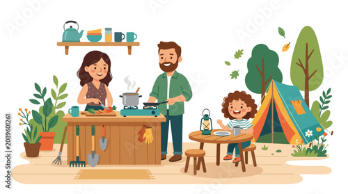 A cheerful family prepares a meal outdoors at a wooden kitchen station while camping in a peaceful, tree-filled backyard or park.
