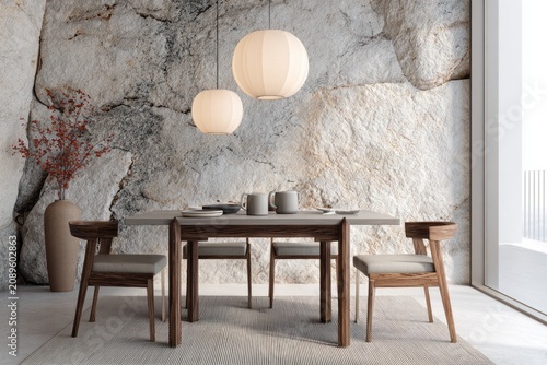 Modern dining set arranged against a textured stone wall.