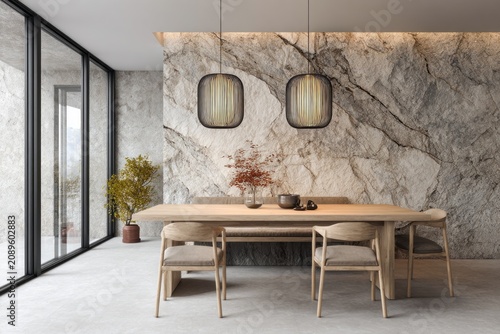 Modern dining room with natural stone accent wall and wooden furniture.