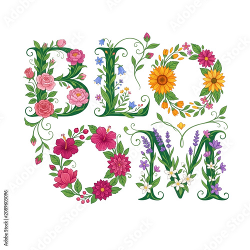 Floral alphabet letters spelling the word bloom with colorful spring flowers and green leaves vector illustration