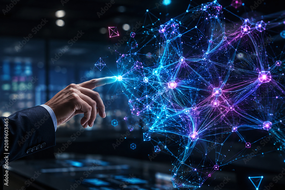 Fototapeta premium Artificial Intelligence AI and Machine Learning Concept with Businessman Hand Pointing at Neural Network Digital Data Flow 