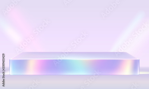 Holographic rectangular podium for product display with iridescent glow and pastel background. Vector cylinder pedestals mockup. Light scene for cosmetic product display advertising, showcase.