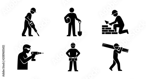 Construction worker vector icons, building and renovation pictograms, industrial labor symbols
