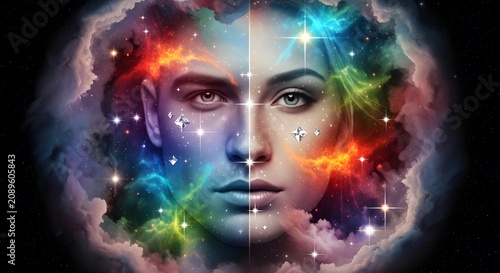 Conceptual Split Portrait of Male and Female Faces Merged with Colorful Cosmic Nebula and Stars