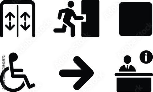 Set of black and white icons representing public signage and accessibility information symbols for navigation with accessibility navigation information directions handicap elevator reception