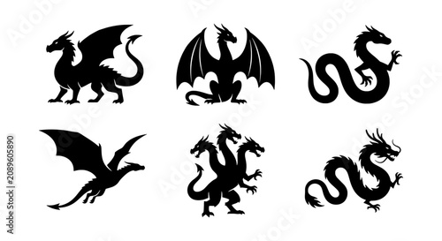 Mythical Dragon Silhouettes, Fantasy Creature Vector Icons, Legendary Beast Graphics