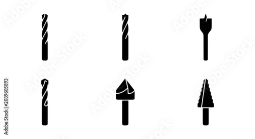 Drill bit vector icons, industrial drilling tools, construction equipment, woodworking accessories
