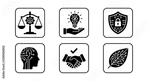 Technology and Business Icons, AI, Security, Innovation, Partnership, Sustainability, Vector Set