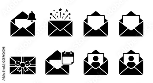 Email and Message Icon Set, Black Vector Graphics for Digital Communication and Notifications