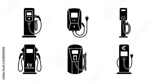 Electric Vehicle Charging Stations, EV Charger Icons, Sustainable Energy Vector Set