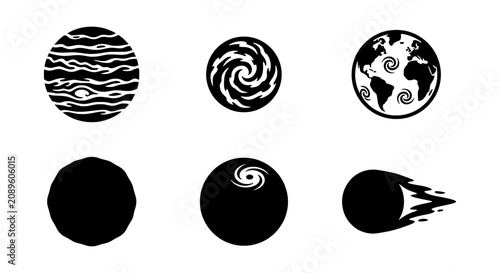 Cosmic black and white vector icons, celestial bodies, planets, and space elements set
