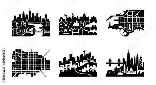 Cityscape Vector Icons, Urban Skyline Silhouettes, Downtown Architecture Collection, Modern City Graphics