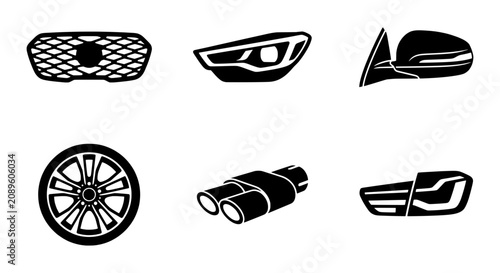 Automotive parts vector icons, car components collection, vehicle spare parts graphic elements