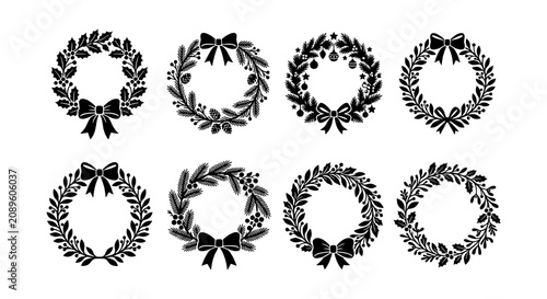 Set of 8 Black Christmas Wreaths, Festive Holiday Decorative Elements, Vector Icons with Bows