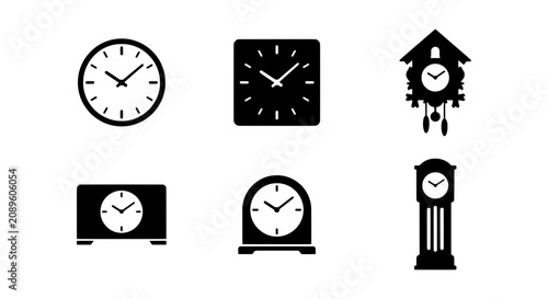 Minimalist Clock Icons, Timepiece Vector Set, Black and White Analog Clock Graphics