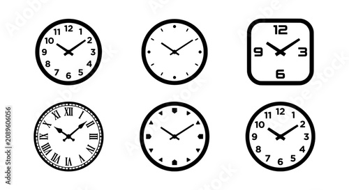 Minimalist Clock Icons Set, Timepiece Vector Collection, Analog Watch Faces for UI/UX Design
