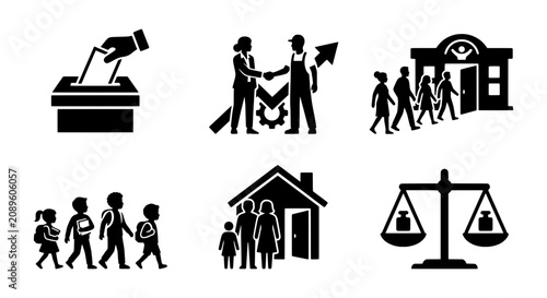 Social responsibility vector icons, community engagement, family, education, justice, voting, business partnership