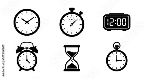Time management vector icons, black and white clock collection, stopwatch, hourglass, alarm clock set