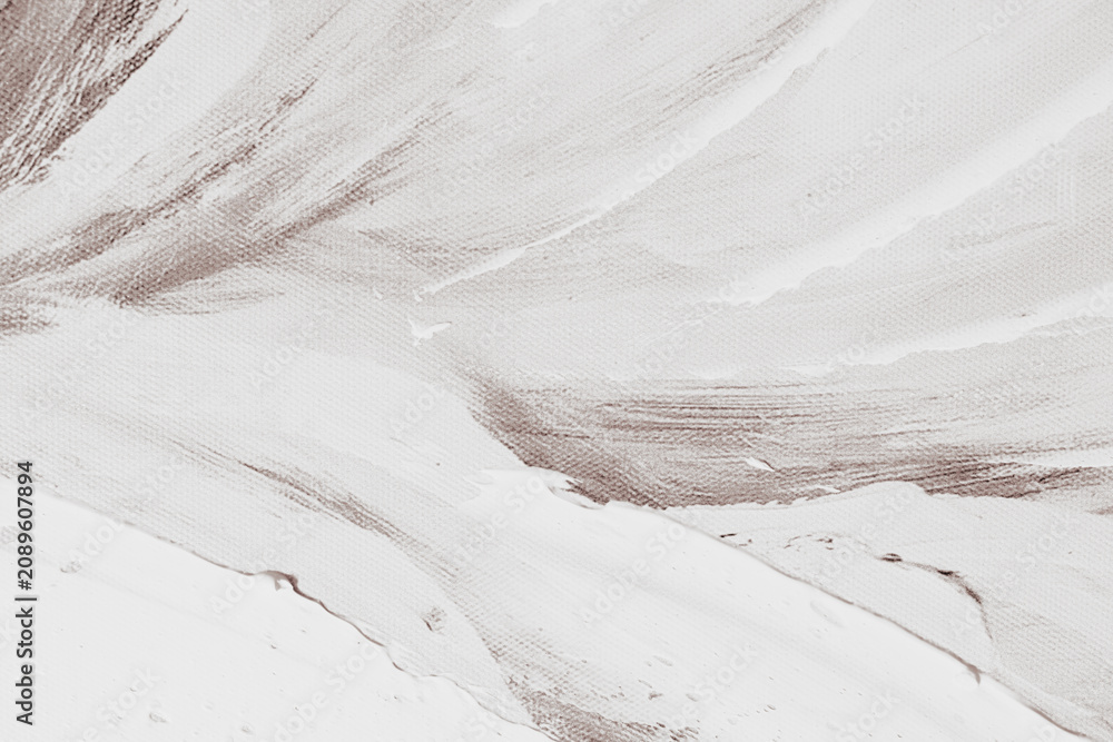 Obraz premium Horizontal macro top down shot of white texture paste brushstrokes applied to a brown primed artist canvas creating a minimalist abstract pattern on surface