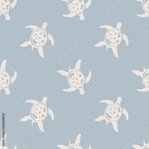 Minimalist seamless turtle pattern featuring stylized hand drawn sea turtles in pale cream on a dusty blue background. Elegant repeating design for coastal textiles and soft nursery decor.