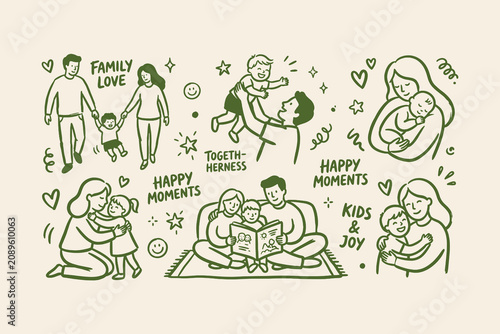 Hand drawn doodle set of happy family moments and parents with children in green ink style Vector, illustration