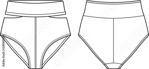 Fotografía Women's High Waist Bikini Bottom Technical Fashion Flat Sketch Front and Back Vi