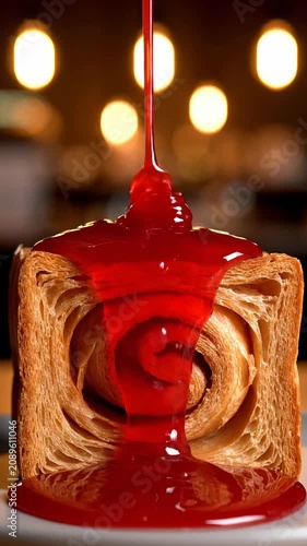 A close-up photo of a cinnamon roll on a plate being drizzled with red sauce indoors.