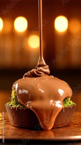 Chocolate sauce drips over a decadent dessert with green garnish on a plate indoors.