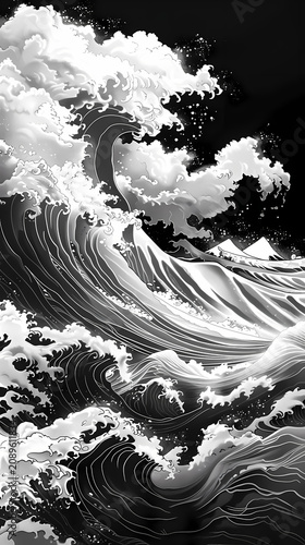 Highly detailed traditional ukiyo-e style black and white wave illustration featuring a massive ocean wave with intricate foam crests, a full moon, soaring seabirds, 